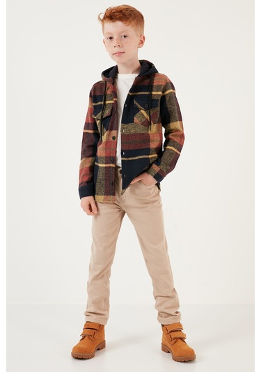 Lela Kapüşonlu Çift Cepli Ekoseli Kışlık Oduncu Erkek Çocuk Gömlek Cf24W81781 Lacivert-Sarı