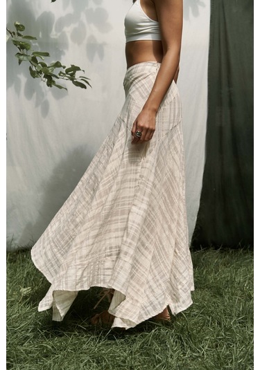 Peigi Çizgili Parçalı Bej Midi Etek Bej