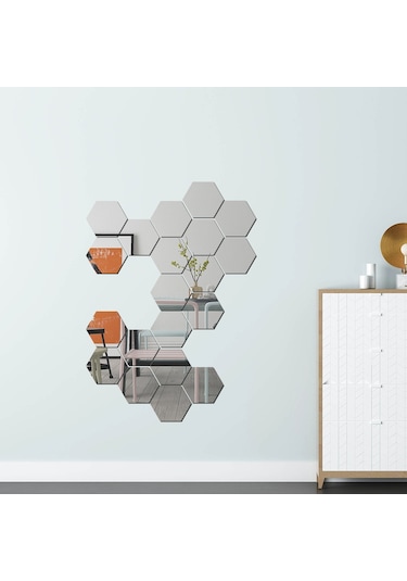 Sones Ym300 16 Adet / Set Ev Kişisel Duvar Çıkartmaları Dıy Akrilik Duvar Dekoratif Ayna Altıgen Gümüş Diğer