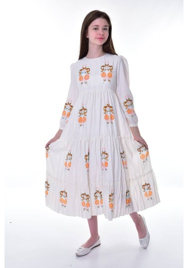 Kız Çocuk Pamuklu Keten Uzun Boydan Astarlı Elbise Açık Turuncu-krem