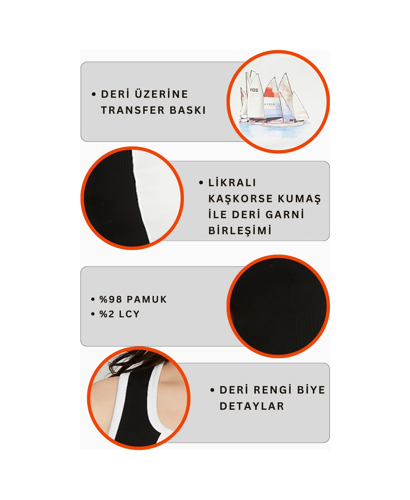 Kadın Deri Crop Ribana Kaşkorse Likralı Deri Garnili Baskılı Crop Büstiyer Deri Üzeri Baskılı Crop Siyah