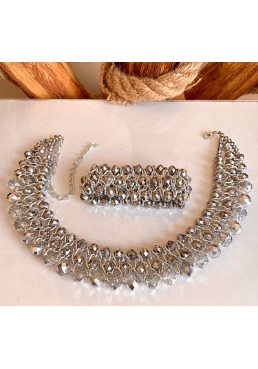 Gümüş Kristal Taşlı Türk El Yapımı Gerdanlık Kolye Ve Bilezik Set Gümüş