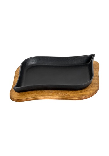 Lava Döküm Dikdörtgen Servis Tabağı Ve Ahşap Altlığı. Ölçü 13x19cm.