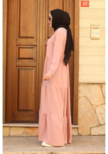 Neways 6531-Krep Kapüşonlu Reglan Kollu Elbise Pudra