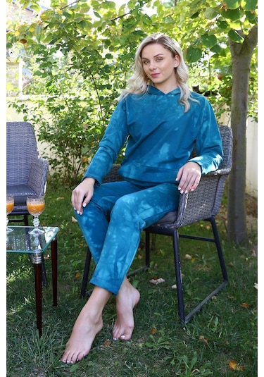 Akbeniz Kadın Pamuk Kapşonlu Cepli 3 İplik Turkuaz Eşofman Takım 9037-turkuaz Turkuaz