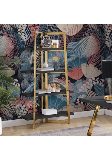 Nysa Gold Metal Siyah Kitaplık & Raf
