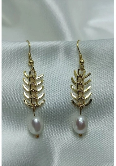 24k Altın Kaplama 10mm Gerçek İnci Zincir Detaylı Tasarım Küpe Be Gold