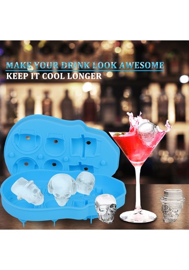Ximistore9 3d Kafatası Şekilli 6 Lü Silikon Buz Kalıbı - Yiyecek Dereceli, Kolay Çıkarım, Funnel İçerir Mavi