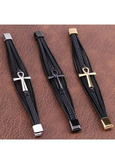 Novahub Gümüş Erkek Deri Bileklik El Dokuma Çapraz Çok Katmanlı Vintage Bilezik Paslanmaz Çelik Erkek Bilezik 19cm Gümüş Gümüş