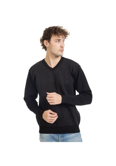 Erkek Orta Yaş Ve Üzeri Sıkı Dokuma Triko Örgü Akrilik Kışlık Baba V Yaka Kazak 2060-siyah Siyah