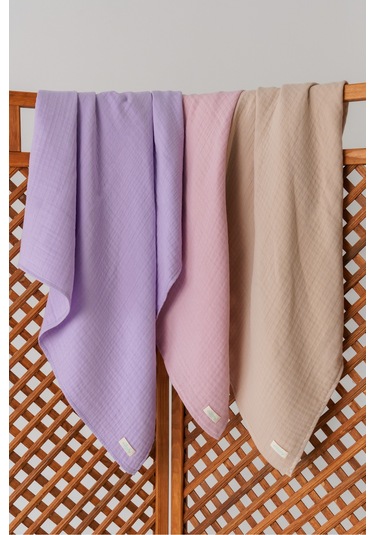 Pamuk 4 Katlı Müslin Battaniye Seti 3'lü Pembe