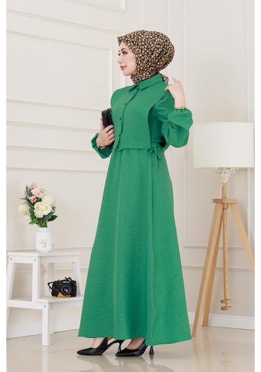 Yanları Bağlamalı Elbiseli Takım-yeşil-5025 Yeşil