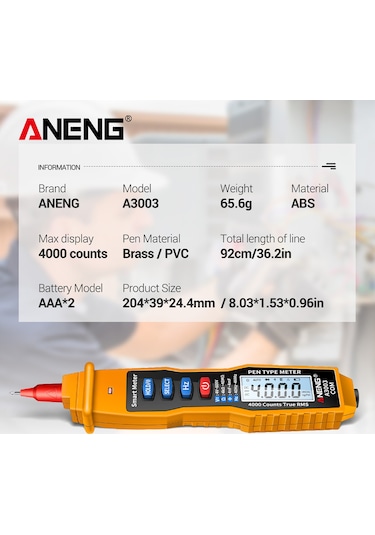 Maiyame Aneng A3003 Sarı Kalem Tipi Dijital Multimetre: Enerji Tasarrufu, Flaş Lambası, Ses Ve Işık Alarmı, 4000 Sayım Pil Dahil Değil