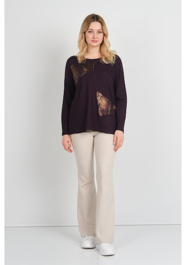 Detay Triko Kadın Boncuk İşlemeli Parlak Desenli Uzun Kol Anne Bluz 5744 Mürdüm Mürdüm