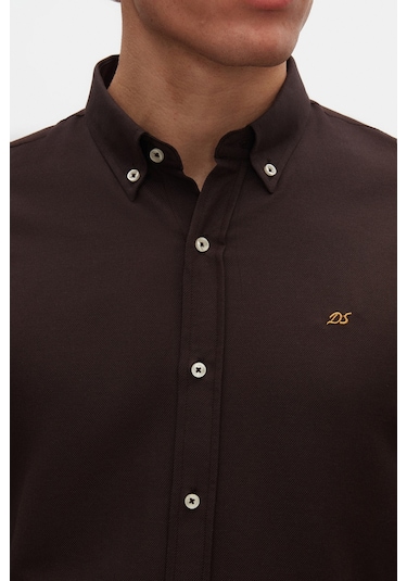 Ds Damat Slim Fit Acı Kahve Oxford Düğmeli Yaka Kolay Ütülenebilir Nakış Detaylı Pamuklu Gömlek 4hc02ort03265 Acı Kahve Acı Kahverengi