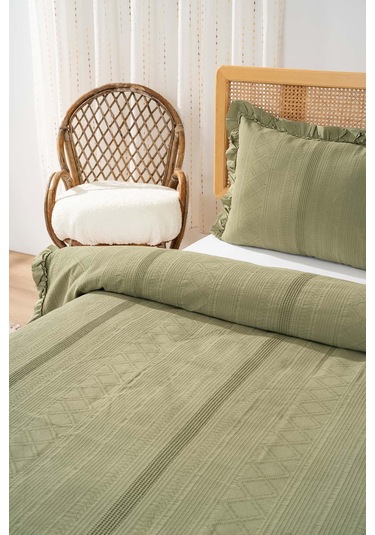 Tziana Haki Yeşil Çift Kişilik Jakarlı Yatak Örtüsü Takımı 3 Parça Uyku Seti Yeşil