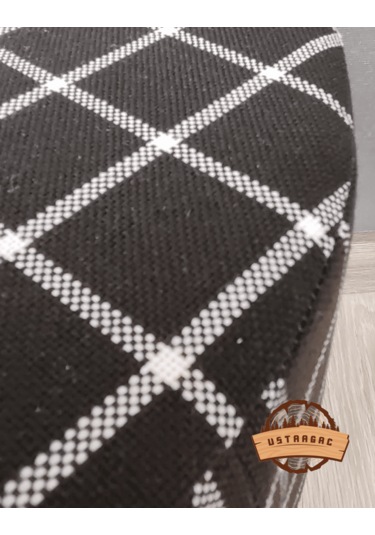 Puf Koltuk Tabure - Siyah Üstü Beyaz Örme Ekose - Ahşap Gürgen Ay