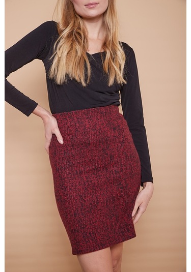 Kışlık Likralı Yünlü Kumaş Yüksek Bel Diz Üstü Kalem Etek-bordo Diyogonel - Bordo Dygnl Bordo