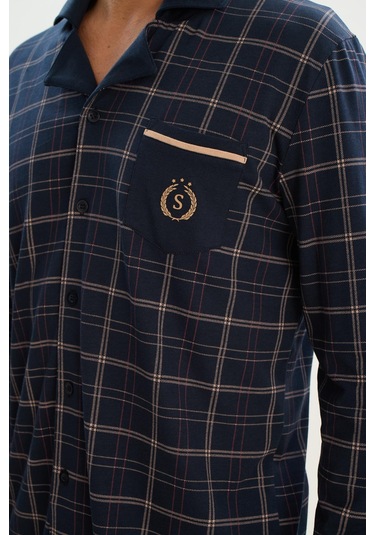 Erkek Uzun Kol Gömlek Yaka Önden Düğmeli Lacivert Pijama Takım C5t3n5o9 001