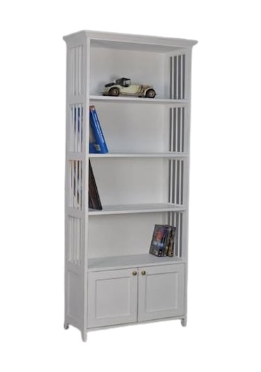 Roys-Ahsap Roys Ahşap Raflı Dolaplı Masif Beyaz Lake Kitaplık