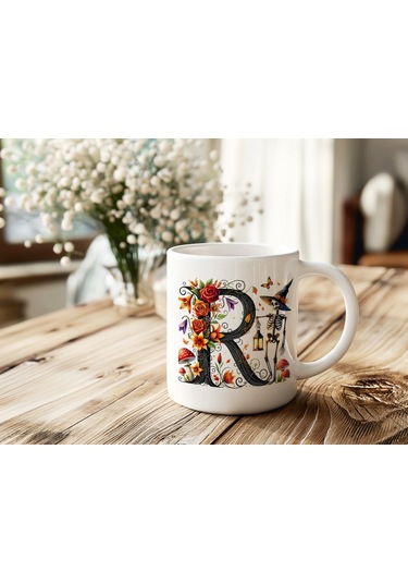 R Harfi Şapkalı İskelet Figürlü Ve Çiçekli Kupa Bardak - Cadılar Bayramı / Halloween Özel Hediye Beyaz