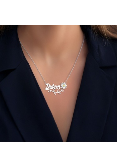 Mineli Papatya İsimli Beyaz Gümüş Kolye Gümüş