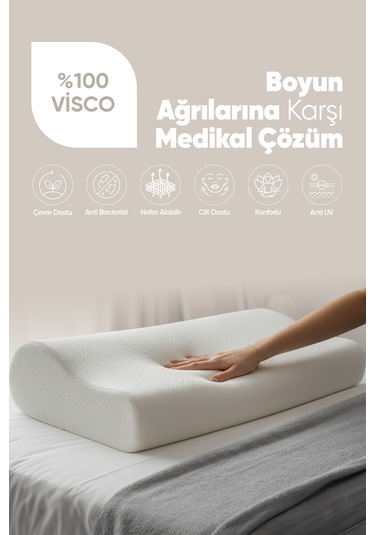 Ortopedik Visko Yastık - Boyun Düzleşmesi İçin Tek Taraflı Visco Yastık Süper Soft Beyaz