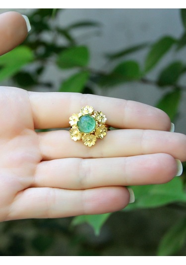 Esha Store Doğal Taş Yeşil Akik Doğal Taşlı Çiçek Model Telkari Kadın Ayarlanabilir Altın Kaplama Yüzük Euy61ya Yeşil