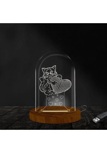 Kalp Tutan Kedi Fanus Lamba 3 Boyutlu Ofiste Ve Ev Dekorasyonu Ahşap