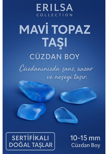 Sertifikalı Mavi Topaz Taşı Kütle 10-15 Mm Cüzdan Boy Şans Neşe