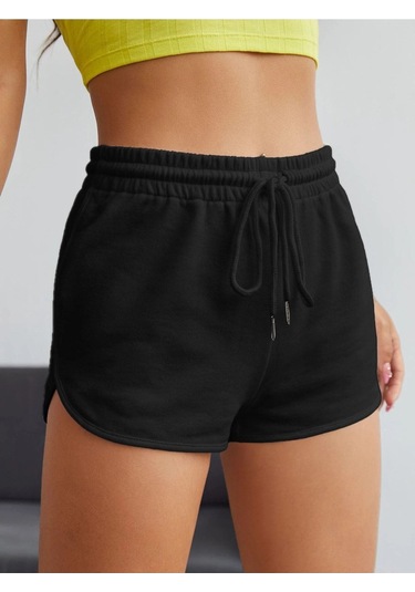 Siyah Yırtmaçlı Bermuda Penye Şort - Penye Baskılı Kordonlu Siyah