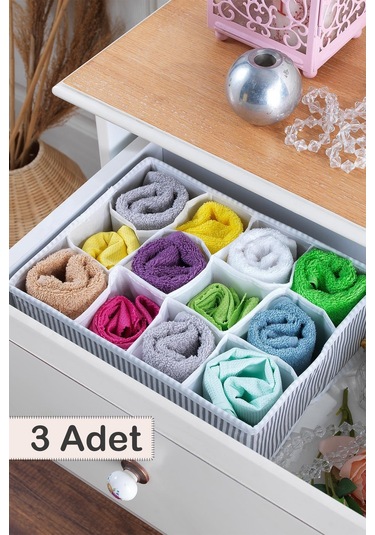 3 Adet Home 12 Bölmeli Çekmece İçi Düzenleyici Organizer Beyaz/gri