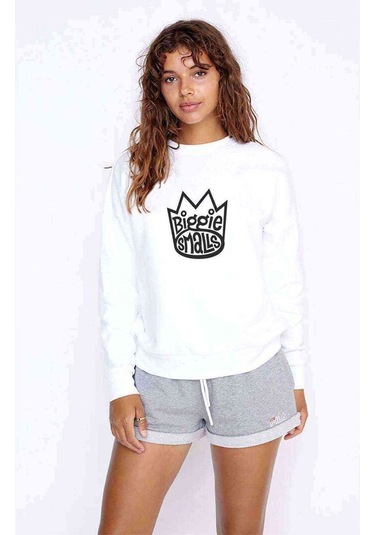 Biggie Smalls Logo Baskılı Beyaz Kadın Sweatshirt