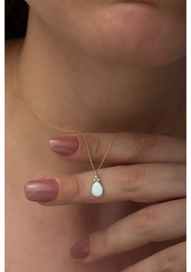 925 Ayar Gümüş Gold Kaplama Beyaz Opal Taşlı Damla Kolye UVPTS100107-3