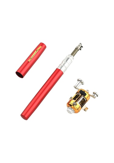 Ap 1m Olta Makarası Combo Set Teleskopik Taşınabilir Cep Kalem Tarzı Olta Direği - Kırmızı