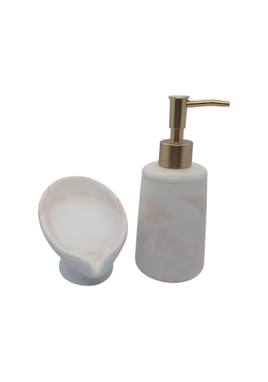 2 Li Taş Banyo Seti Beyaz - Kahverengi Mermer Desenli Aıvı Sabunluk Ve Giderli Katı Sabunluk 18 Cm Beyaz