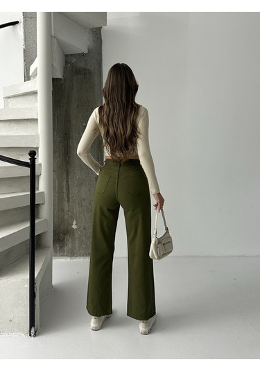 Kadın Yüksek Bel Keten Boyfriend Bol Paça Haki