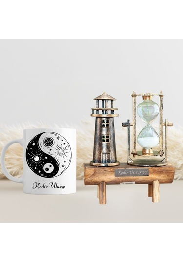 Kişiye Özel Hediyelik Yin Yang Kupa & Deniz Feneri Kum Saati Seti