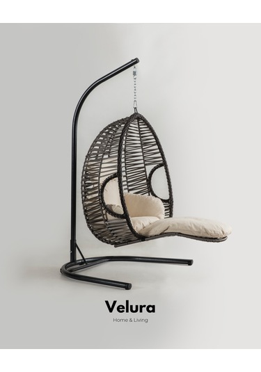 Max Bahçe Salıncağı - Gri Rattan Krem Minder Gri