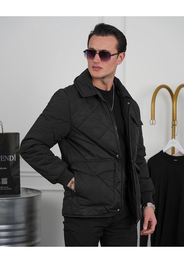 Modefendi Slim Fit Baklava Desen Torba Cep Dolum Elyaf Mont Siyah
