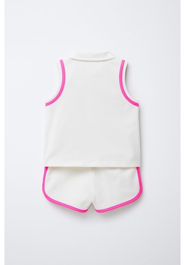 Kız Çocuk Polo Yaka Şerit Detaylı Şortlu Takım - Pembe 3-4 Yaş 8-9 Yaş Pembe