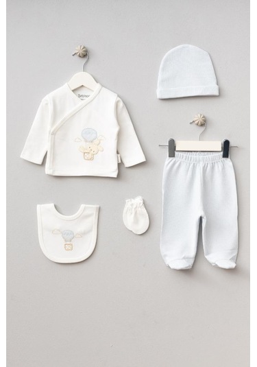 Bebitof %100 Pamuk Balonlu Tavşan Desenli 5 Parça Yenidoğan Hastane Çıkışı Zıbın Seti Bbtf.mv.20119.01 Mavi