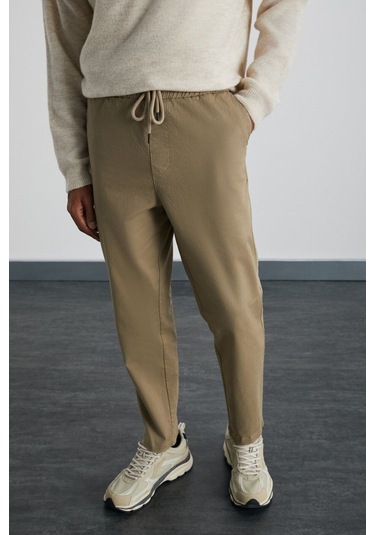 GRIMELANGE Reese Erkek Rahat Fit Beli Lastikli Dokuma Pamuk Elastan Kumaşlı Yıkamalı Bej Pantolon Bej
