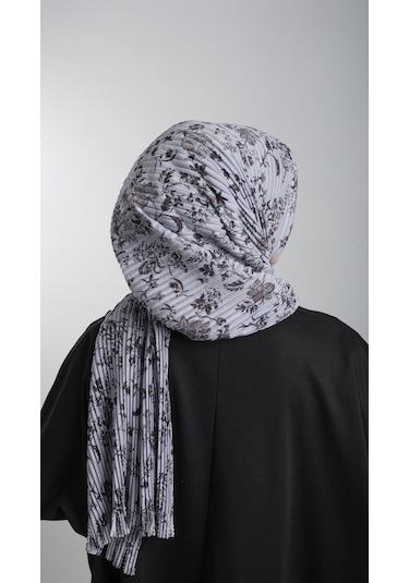 Gri Pratik Hazır Geçmeli Tesettür Eşarp Kesik Elyaf Piliseli Çiçe (553630007) Gri