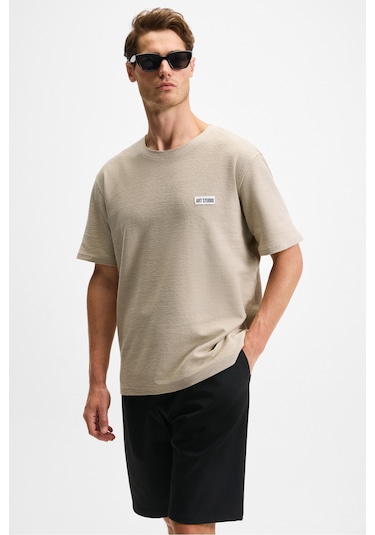 NOIR Erkek%100 Organik Pamuk Bisiklet Yaka Kısa Kol Regular Bej T-Shirt