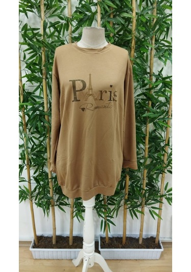 Stilaura Kadın Uzun Kollu Bisiklet Yaka Yazılı Kısa Viskon Iki Iplik Elbise Kahverengi