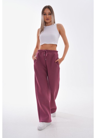 Kallima Vişne Kışlık Şardonlu Yüksek Bel Bol Paça Eşofman Altı Gülkurusu