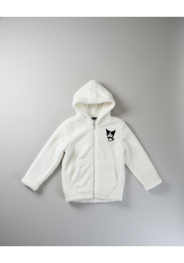 Kuromi Nakışlı Beyaz Pelüş Kapüşonlu Kız Çocuk Hırka Beyaz