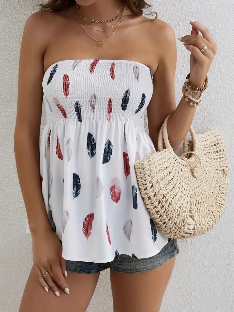 Nova Bazaar Kadın Yaprak Desenli Göğsü Gipeli Mosskrep Straplez Bluz Beyaz