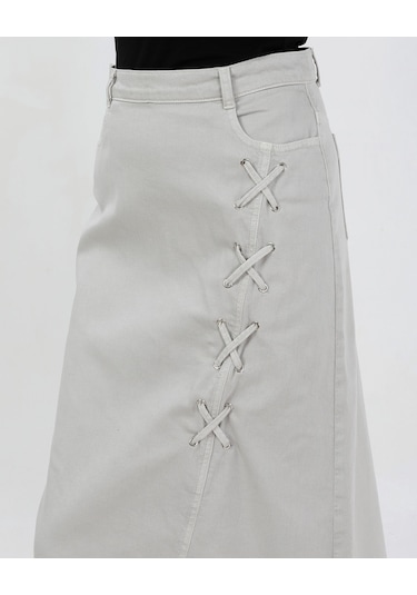 Bağcık Detaylı Denim Etek- Açık Füme Çok Renkli